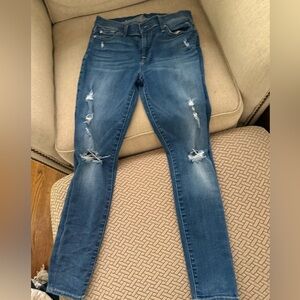 7 For All Mankind Blue Skinny Jeans with Distressed Details size 28